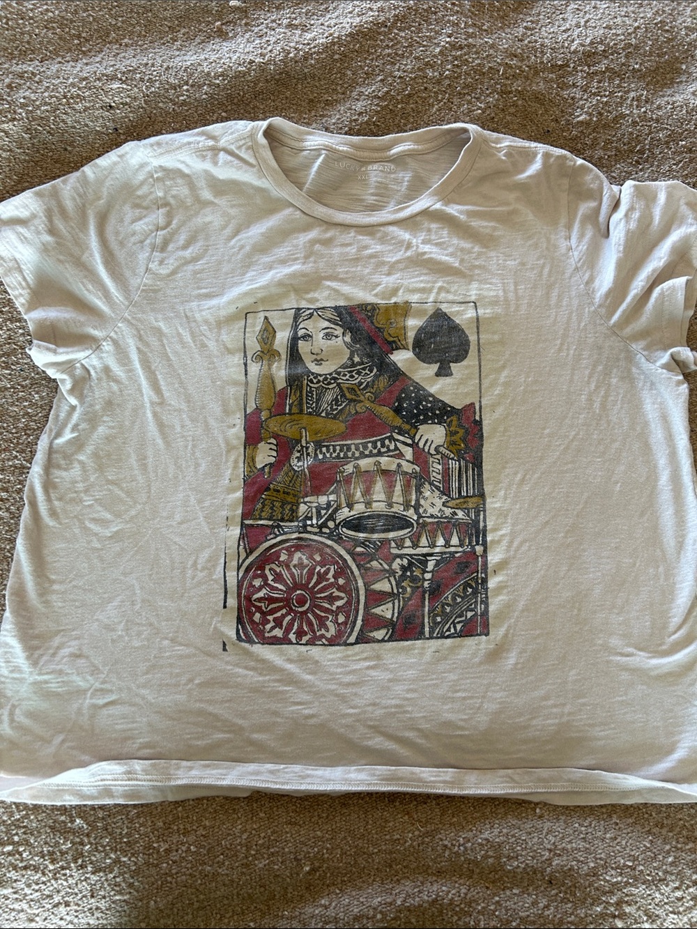 Lucky Brand White Graphic Tee with Red, Black and Gold Playing Card Print
